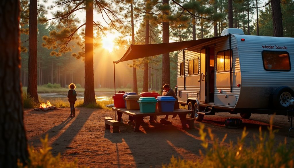 A campsite at golden hour with colorful gear bins on a picnic table beside a travel trailer and a glowing fire ring.