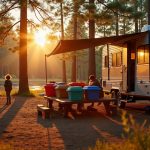 A campsite at golden hour with colorful gear bins on a picnic table beside a travel trailer and a glowing fire ring.