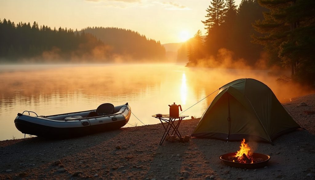 A raft and two kayaks on a gravel river bank at sunrise with mist over the water and a kettle on a camp table.