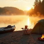 A raft and two kayaks on a gravel river bank at sunrise with mist over the water and a kettle on a camp table.