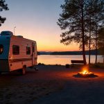 A travel trailer on a gravel pad beside a lake at dusk with a glowing lantern at the edge of the site.